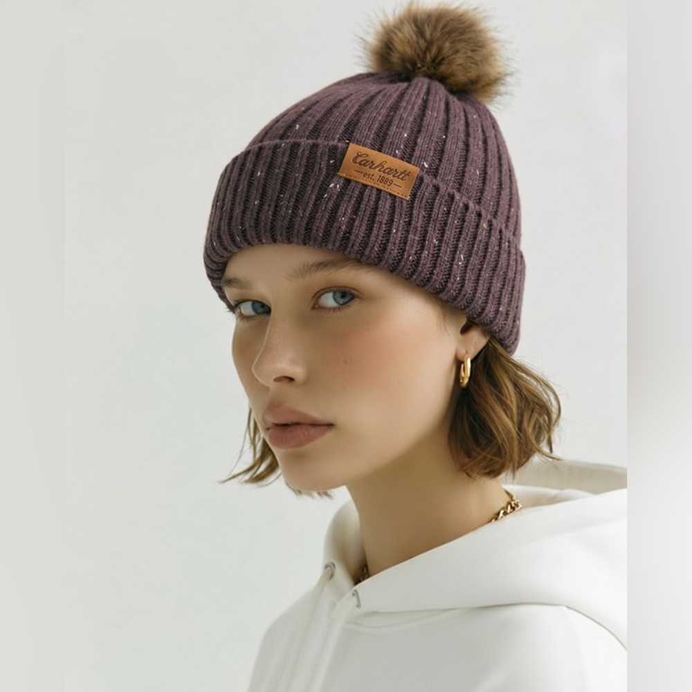 Carhartt Womens Rib-Knit Pom Beanie Dark Brown Speckled Donegal Hat